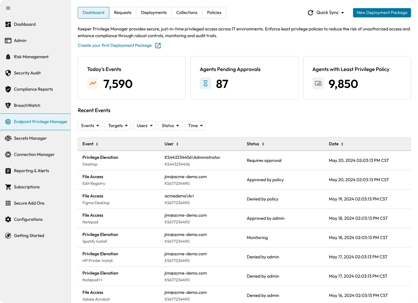 Console do Endpoint Privilege Manager