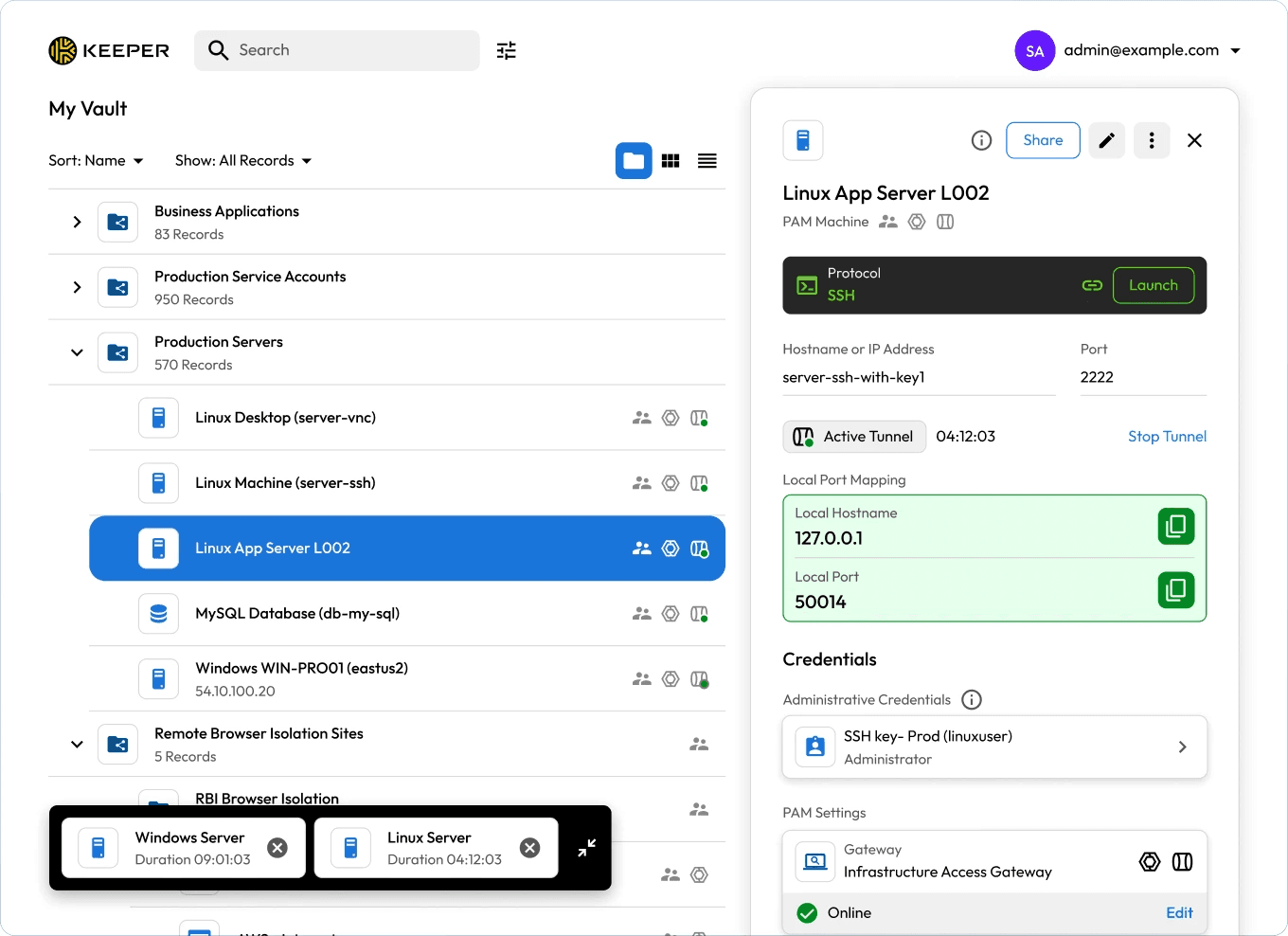 Console do KeeperPAM com túnel SSH ativo