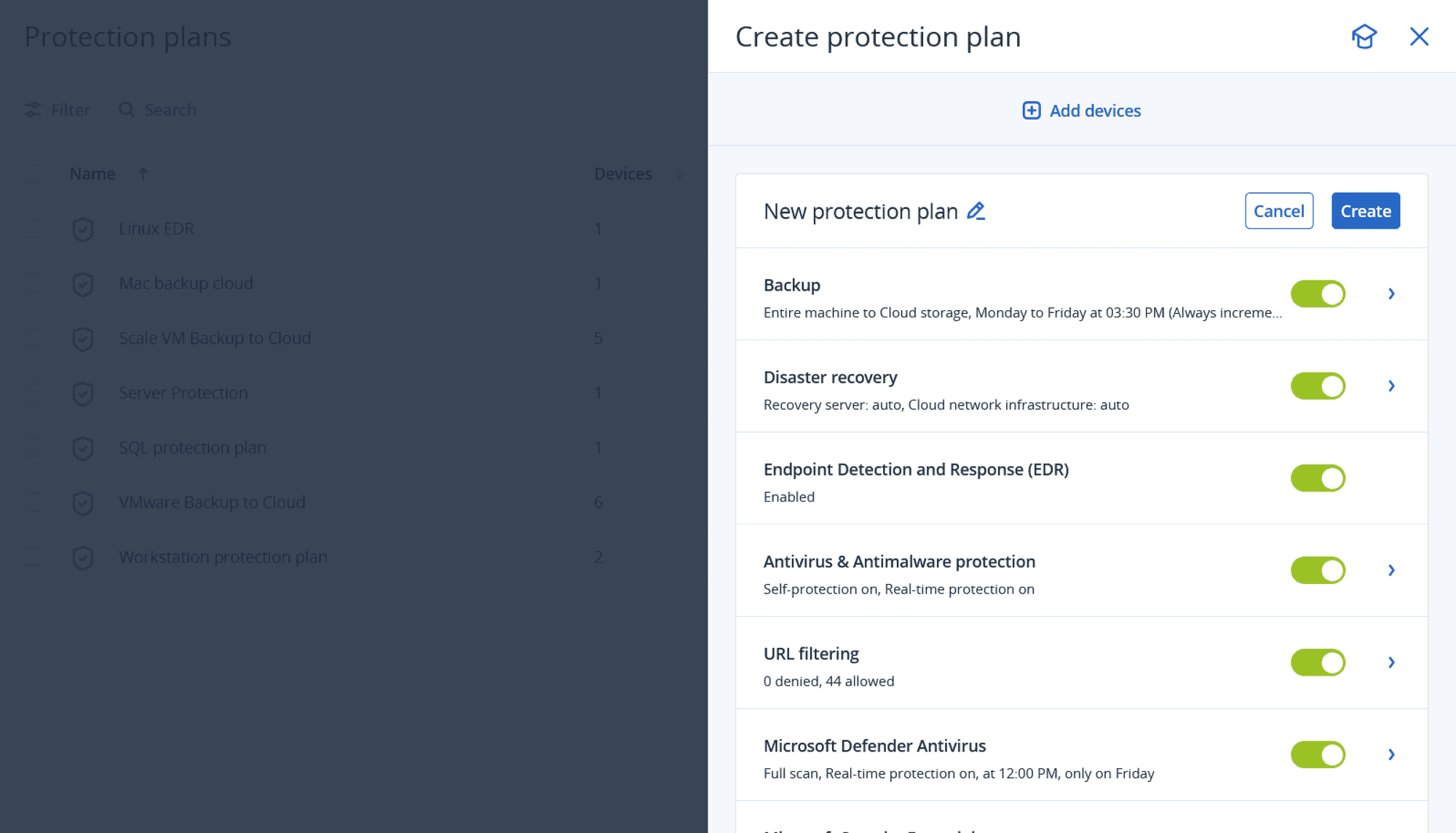 Console: um plano de proteção com backup, DR, EDR, antimalware, filtro de URL e Defender.