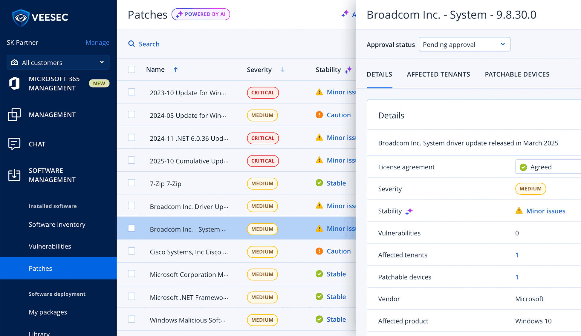 Console de patches: severidade, pontuação de estabilidade por IA e status de aprovação por atualização.