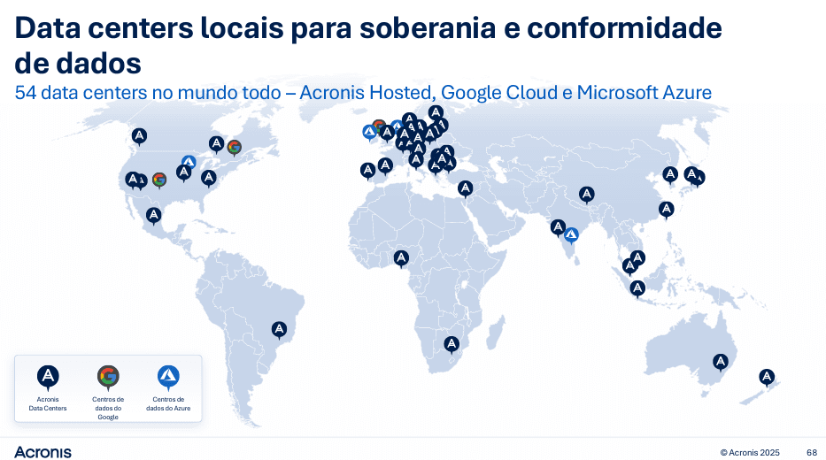 Mapa-múndi com os data centers da nuvem Acronis: Acronis Hosted, Google Cloud e Microsoft Azure